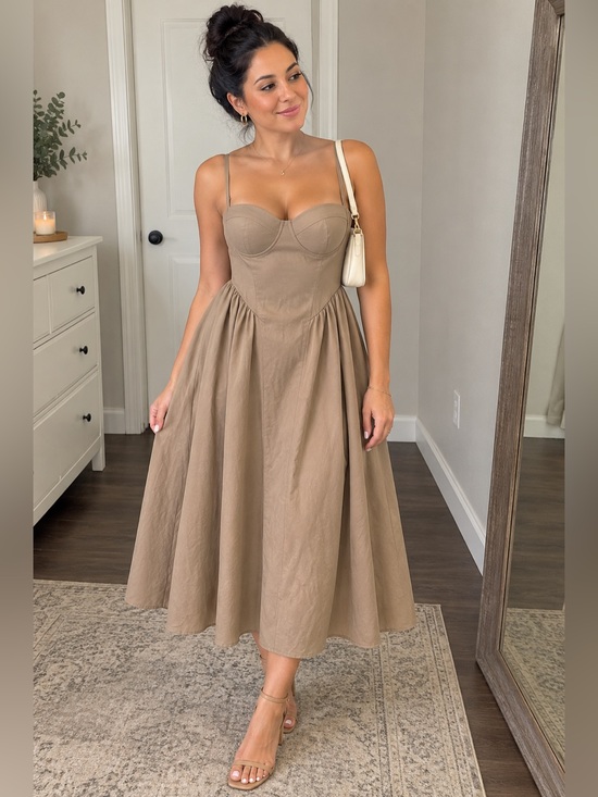 Rosedress Dresses & Skirts - Neutral Bustier Midi Dress with Adjustable Straps